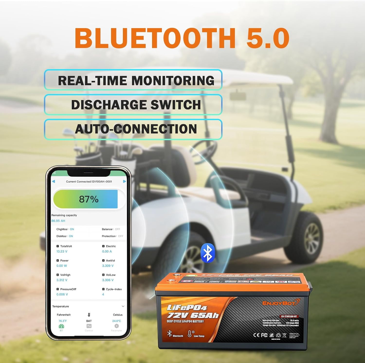 Enjoybot 72V 65Ah LiFePO4 Lithium Battery, 120A BMS Deep Cycle Battery with Bluetooth and Low-Temp Protection, 9216W Output Power, Peak Current 500A for 72V Golf Carts, LSVs, NEVs, Electric UTVs