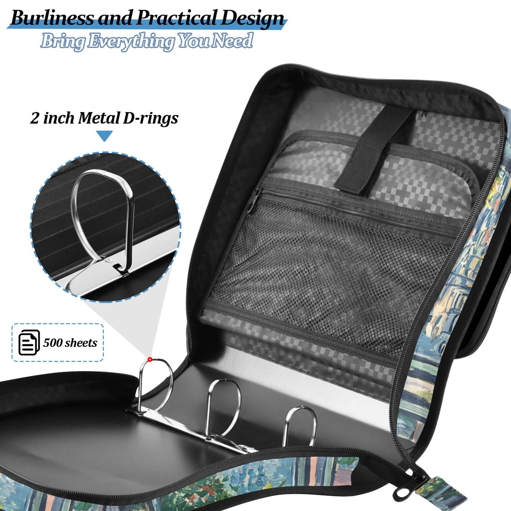 FORMRS Zipper Binder with Shoulder Strap 2-inch Ring 500 Sheet Capacity File Bag, Blue Sea Boat