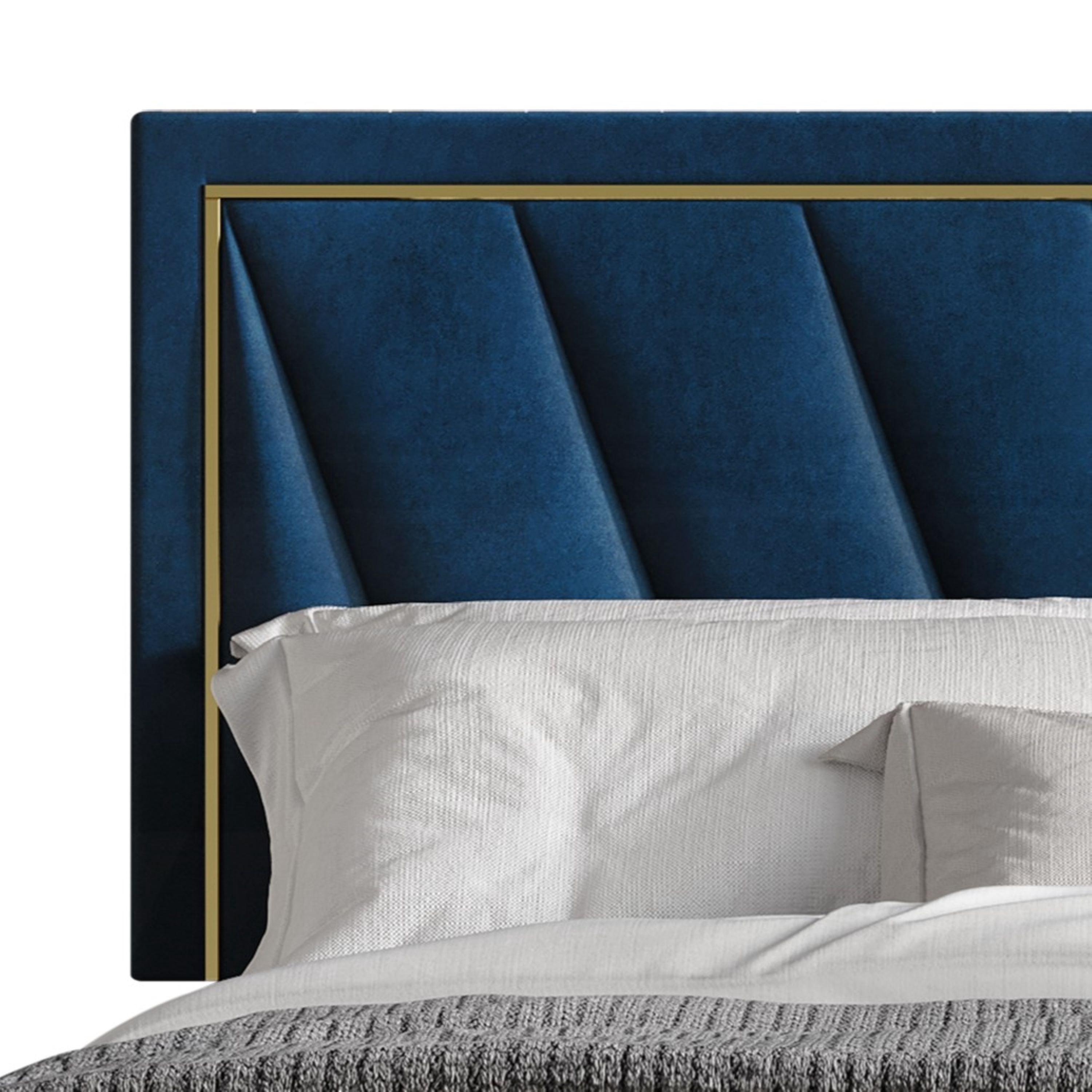 Home Design Valdez King Upholstered Storage Platform Bed Frame with Gold Aluminum Trim and Four Under-Drawers, Blue, Easy Assembly