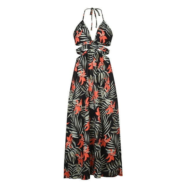 Robes Camisoles Aguichant pour Femmes Sans Manches Col en V Profond Dos Nu Découpé Plage Vacances Robe Longue Boho