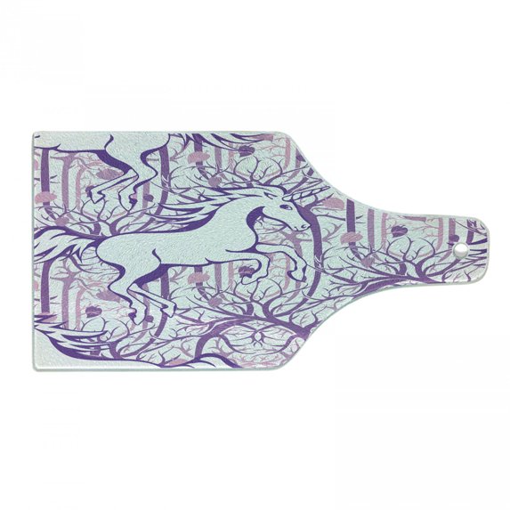 Unicorn Cutting Board, Unicorn Galloping on Curved Swirled Tree Branches in Abstract Forest Pattern Art Print, Tempered Glass Cutting and Serving Board, Wine Bottle Shape, Purple, by Ambesonne