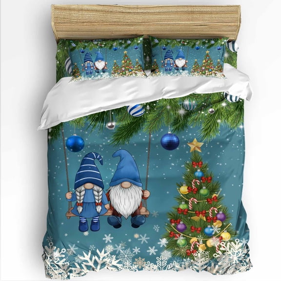 Christmas Gnome Queen Size Comforter Set, Snowflake Xmas Tree Ball Evergreen Bough Blue Bedding for All Seasons, 4 Pcs Bed Set with 1Comforter (90"x92") ,1 Sheet(94"x116"), 2 Pillowcases (19"x29")