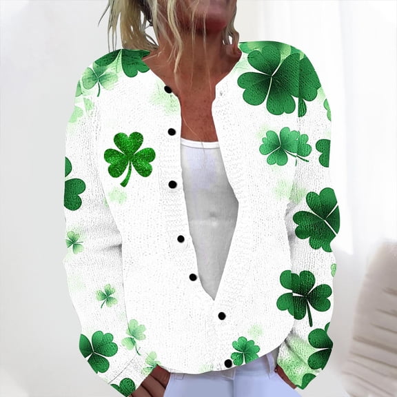 Cardigan Sweaters for Women Ndbuld Women's Casual St. Patrick's Day Print Knit Cardigan Button Up Coat Family Gifts Green 4XL