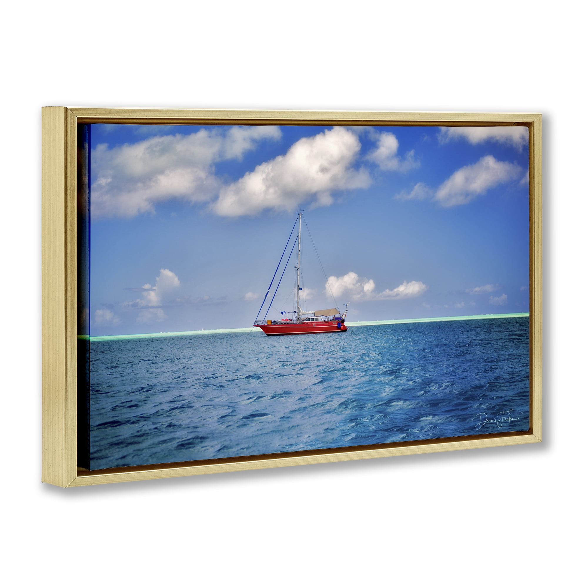 Stupell Industries Ship & Cloudy Sea Nautical & Beach Photography Gold Floater Framed Canvas Art Print Wall Art, 31 x 21