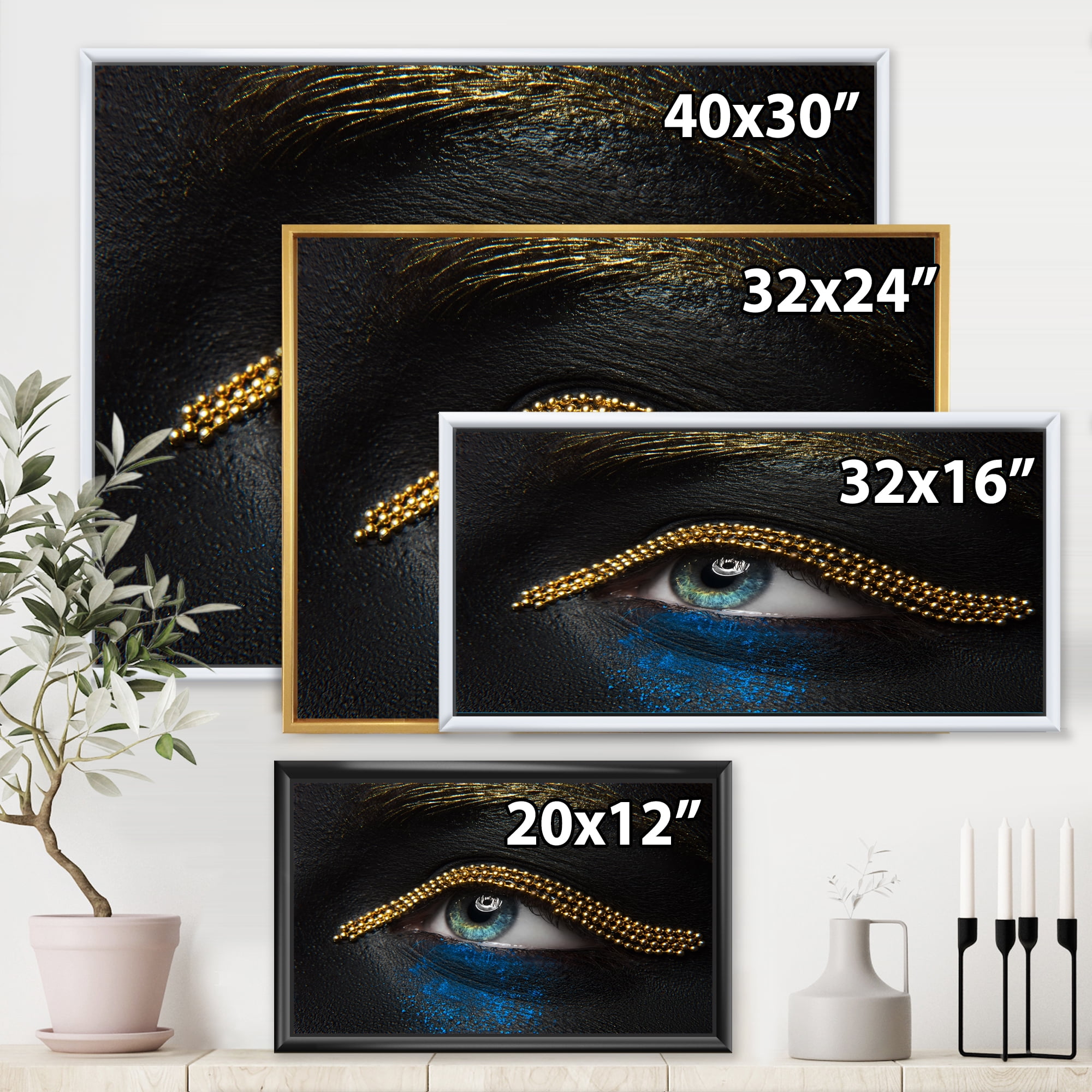 Woman Eyes With Black Skin With A Gold Chain 40 in x 30 in Framed Photography Canvas Art Print, by Designart