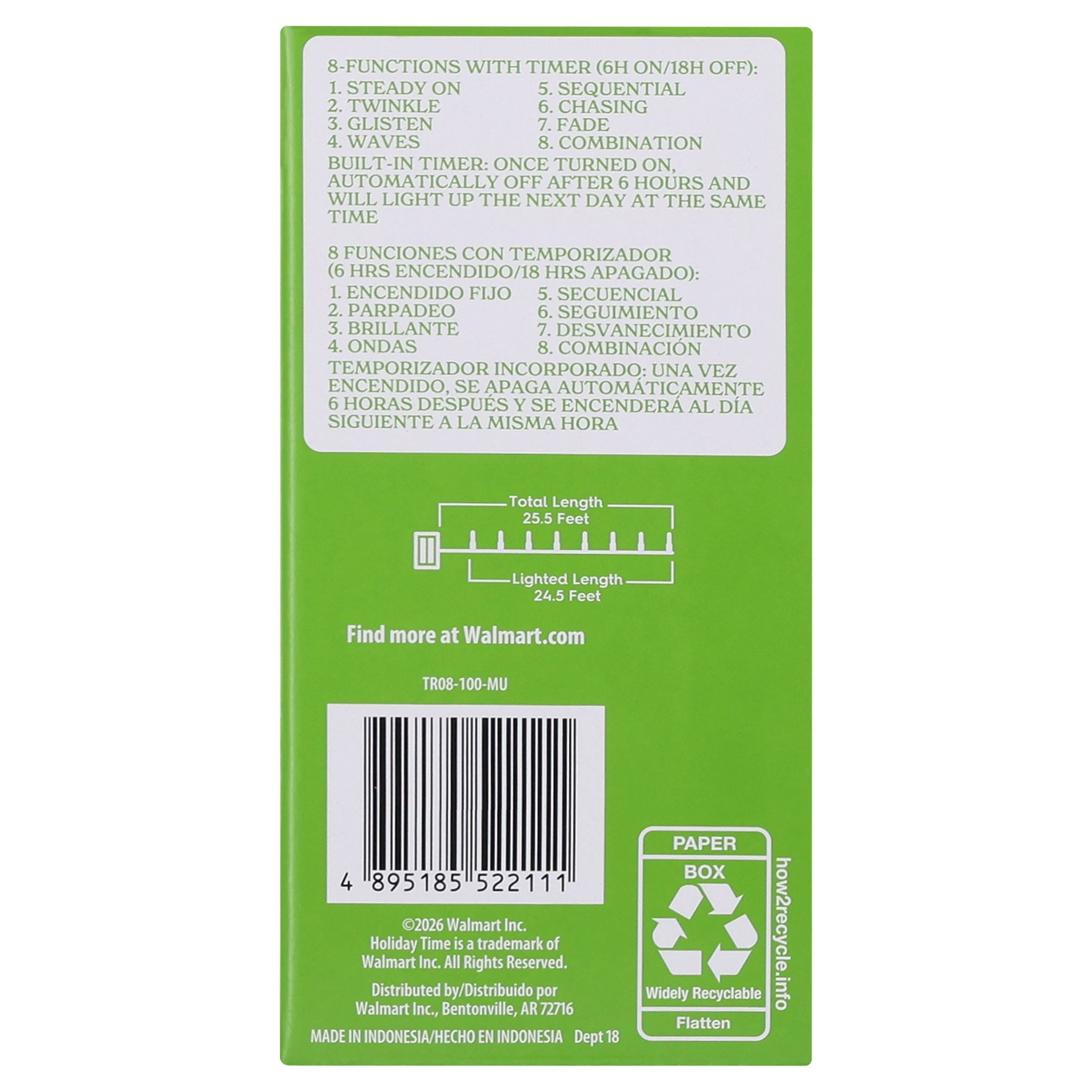 Indoor/Outdoor 100-Count Battery-Operated LED 8-Function Micro Christmas String Lights, Multicolor, Green Wire, 24.5', by Holiday Time