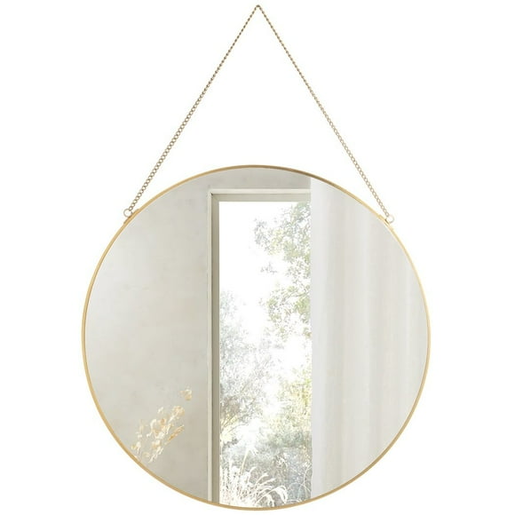 Wall Mirror, 15.7in Hanging Round Mirror with Chain, Golden Metal Frame Circle Mirror for Bathroom, Bedroom, Living Room, Entryway