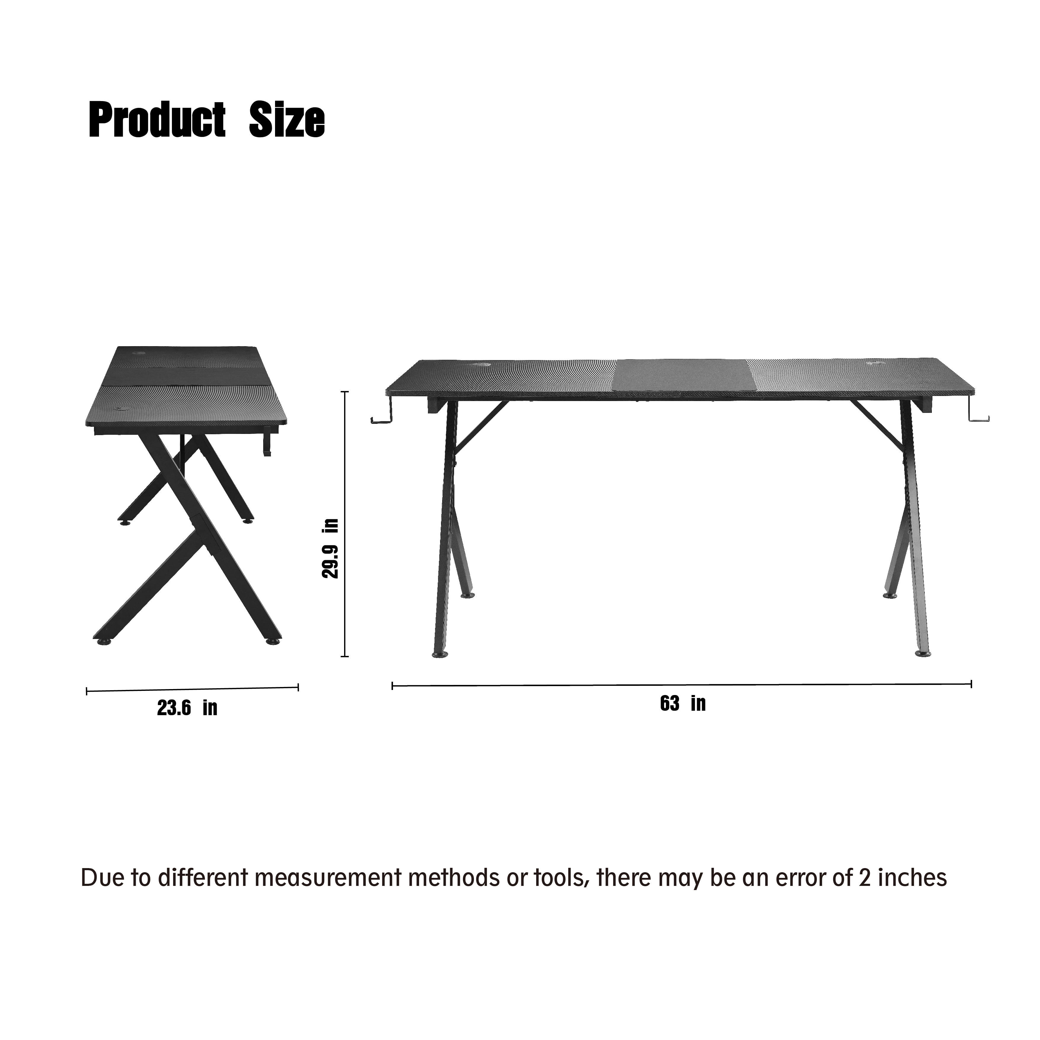 JJS Game Table 63 ", carbon fiber surface computer table, mouse pad, ergonomic e-sports style game table, dual headphone hooks, Black