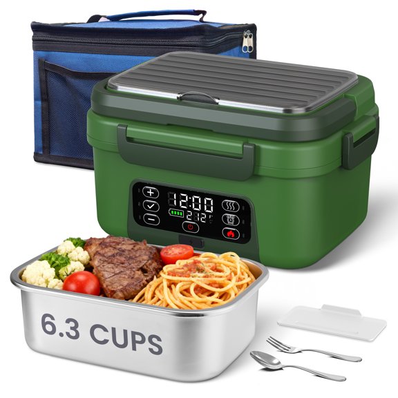 Cordless Electric Lunch Box, 6.3 Cups Capacity,100W Automatic Scheduled Battery Powered Heated Lunch Box with Removable Tray Divider, Dishwasher Safe