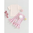 thumbnail image 4 of Suealasg Kids Girl Easter Clothes 2Pcs Toddler Baby Girl Summer Outfit Short Sleeve Crew Neck Letters Print Tops +Bunny Print Elastic Flare Pants, 4 of 9