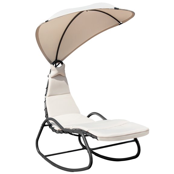 Patiojoy Outdoor Chaise Hanging Chair Swing Cushioned Canopy Lounger Beige