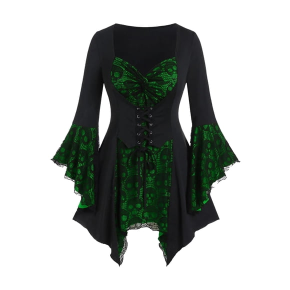 Kcodviy Women Gothic 3/4 Sleeve Black Gothic Dress Tops V Neck Ruched Gothic Clothes Flare Sleeves Mesh Lace Black Gothic Dress for Women Up Tunic Medieval Petite Women Gothic Dress Blouse