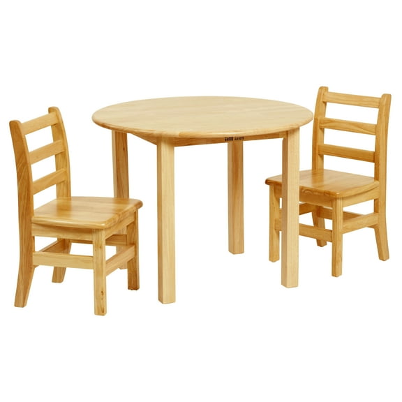 ECR4Kids 30in D Round Hardwood Table and Chair Set, 12in Seat Height, Kids Furniture, Honey, 3-Piece