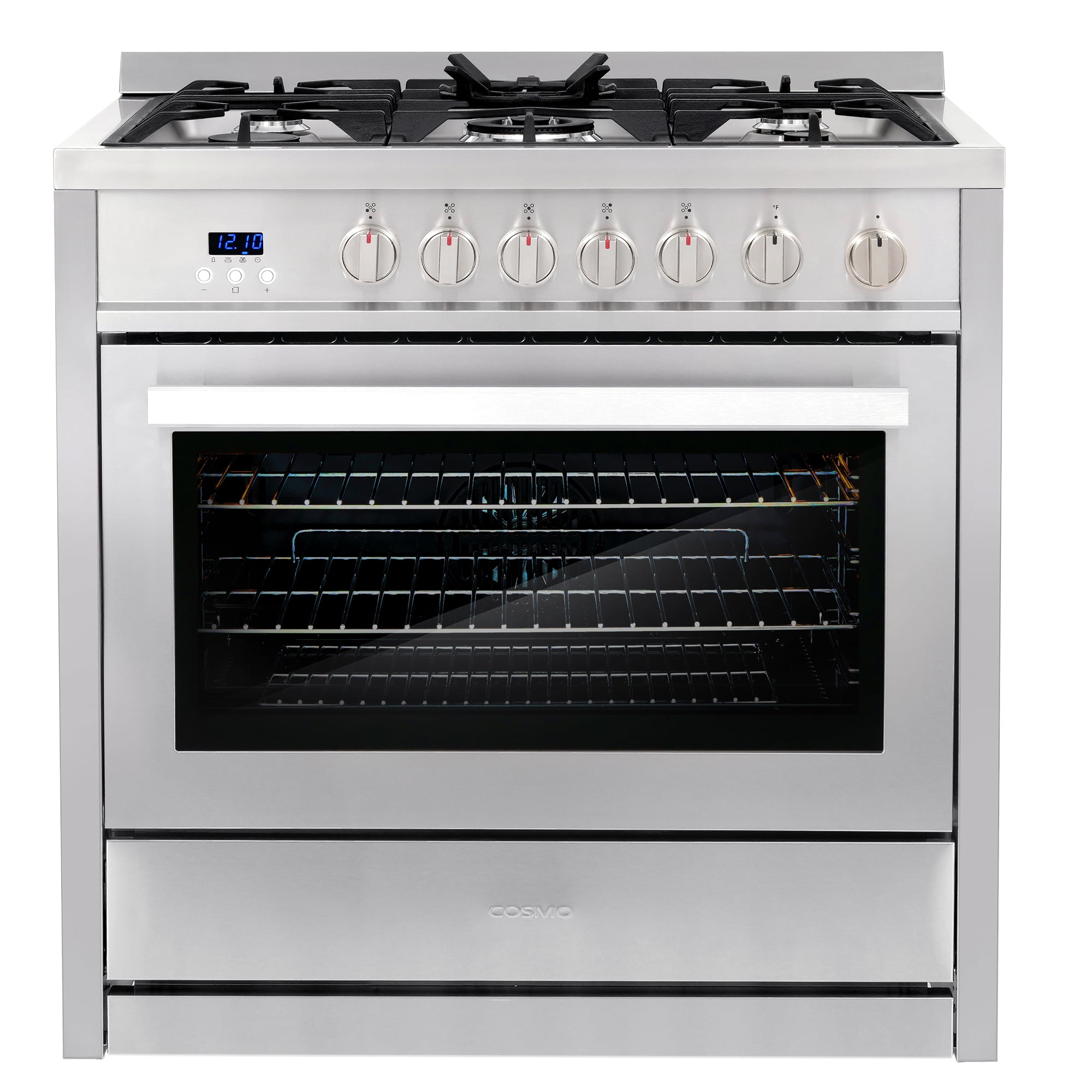Cosmo 4 Piece Kitchen Appliance Package with 36" Freestanding Gas Range 36" Under Cabinet Range Hood 24" Built-in Integrated Dishwasher & French Door Refrigerator Kitchen Appliance Bundles
