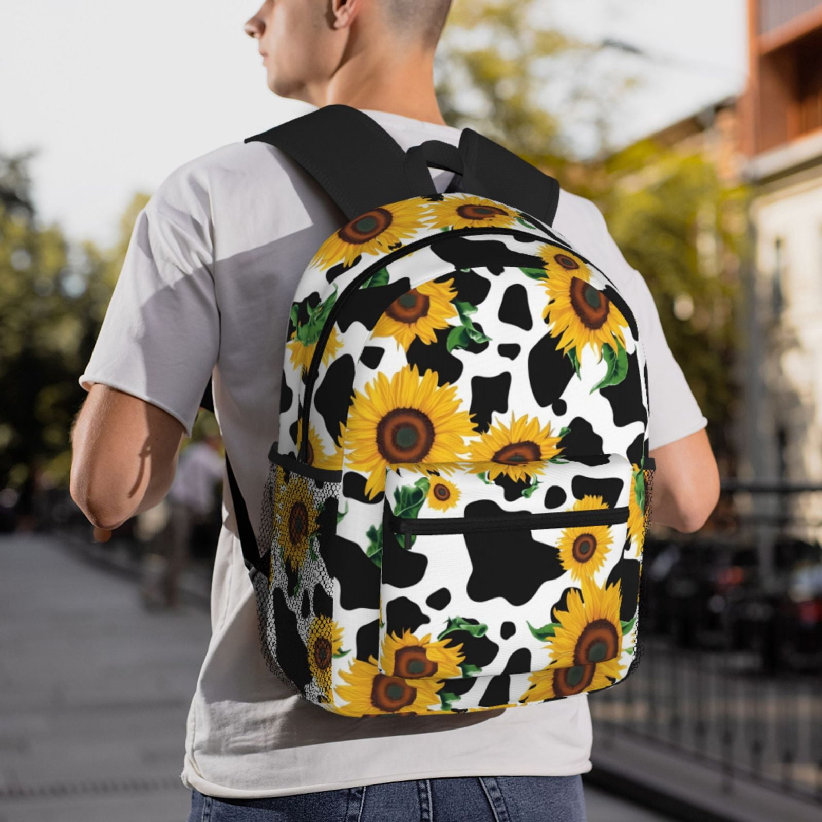 Picia Cute Cow Print Sunflower D Large Capacity Backpack Classic Style Backpack Casual Backpack Water-Resistant School Work Travel Outdoor Backpack
