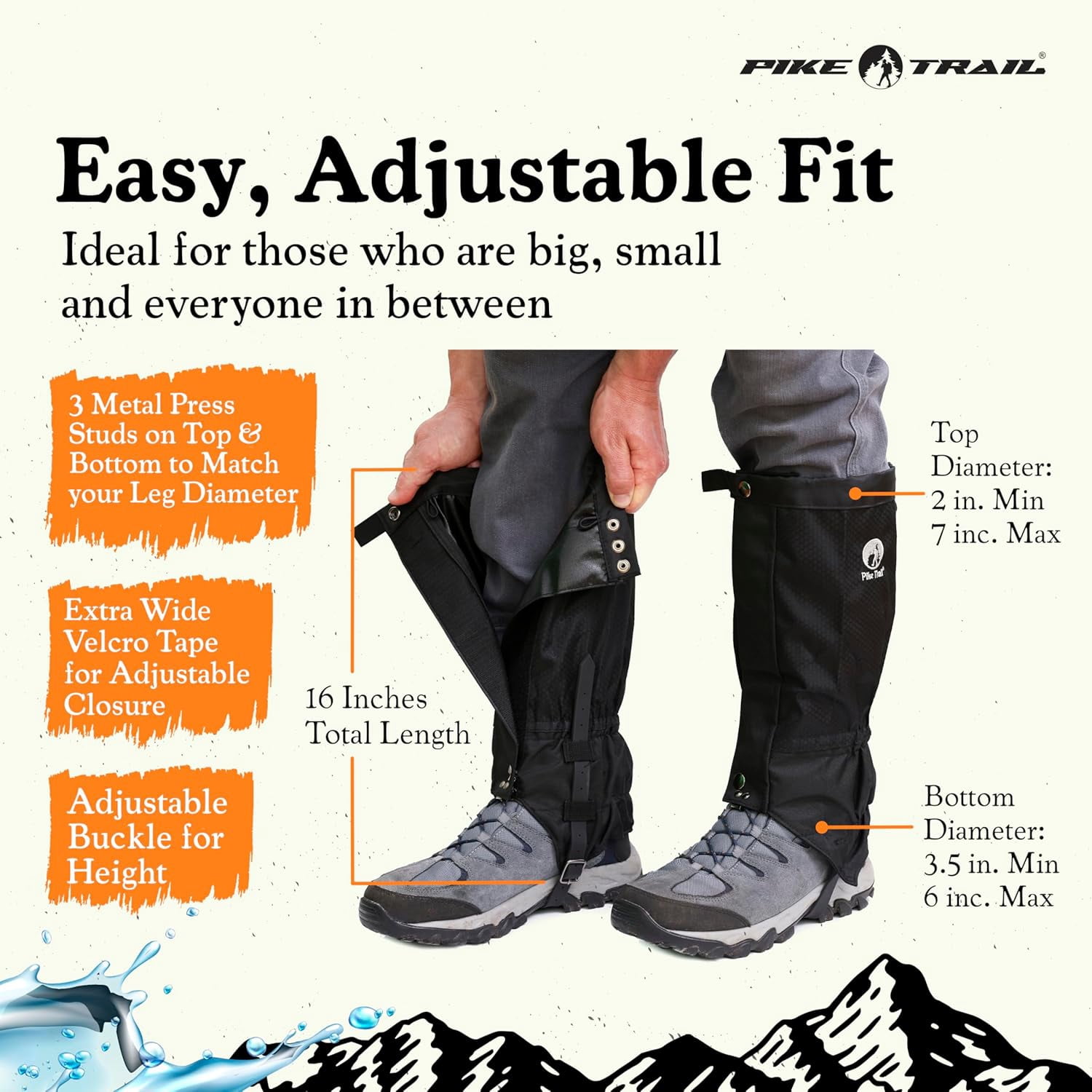 Pike Trail Adjustable Leg Gaiters - Lightweight, Waterproof - Leg Guards for Men & Women - Hiking Essentials Ideal for Hunting, Trekking & Fishing - Overcast Gray - 1 Pair