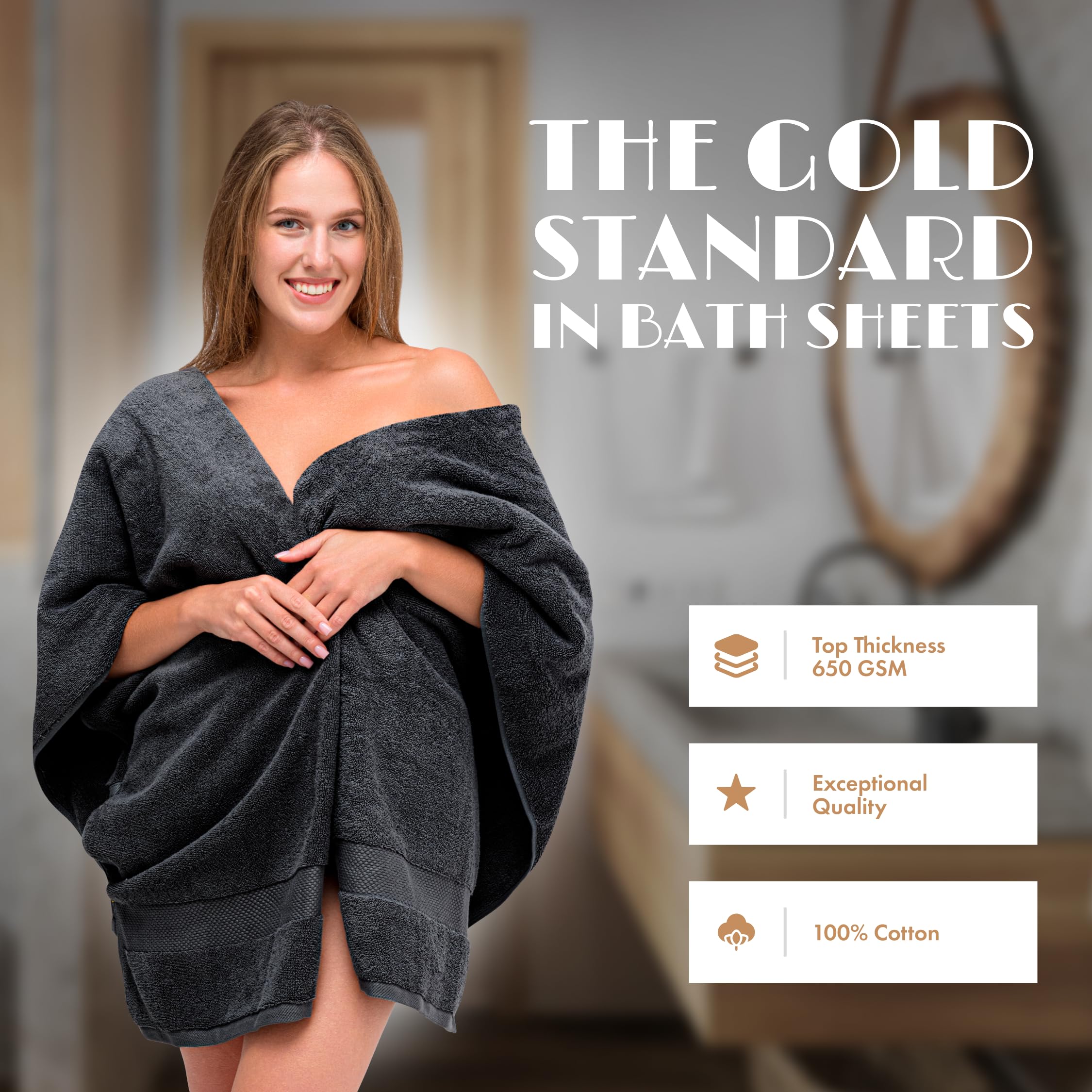 White Classic Luxury 650 Gsm Cotton Bath Sheet Towels, Extra Large Bathroom Towels Oversized, Black, 35 x 70, 2 Pack