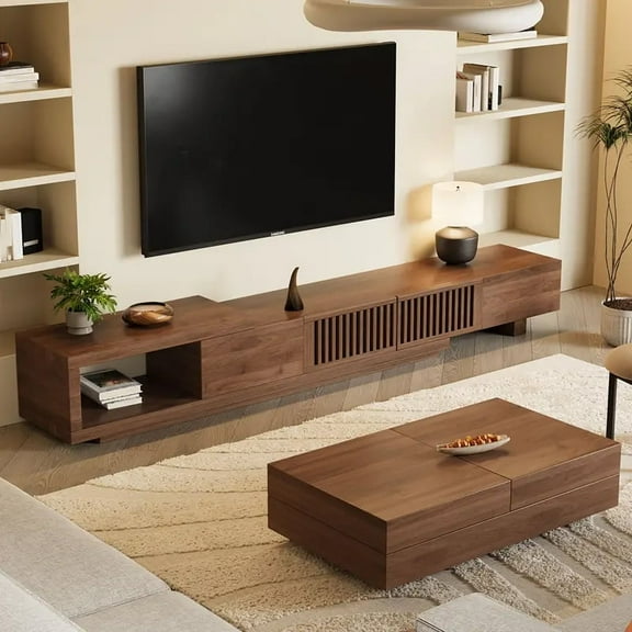 NessCarsti Extendable Walnut TV Console with Storage, Mid-Century Modern TV Stand for 100" TVs (78.54"–103")