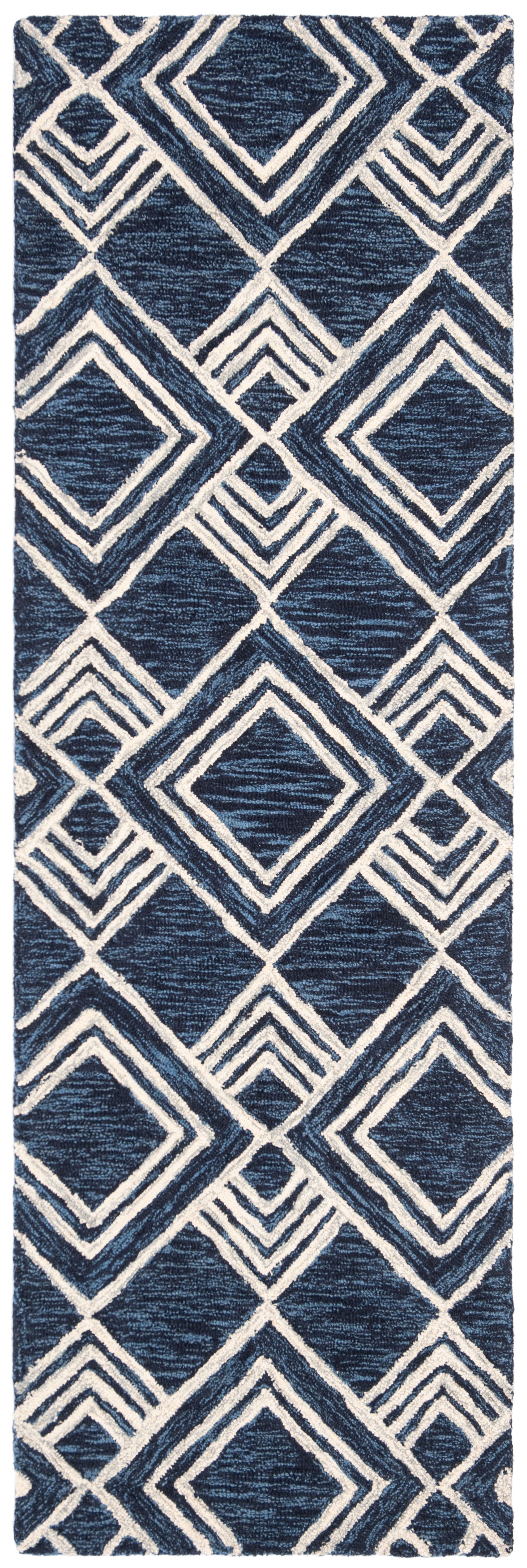 SAFAVIEH Micro-Loop Floral Diamond Trellis Wool Runner Rug, Navy/Ivory, 2'3" x 7'