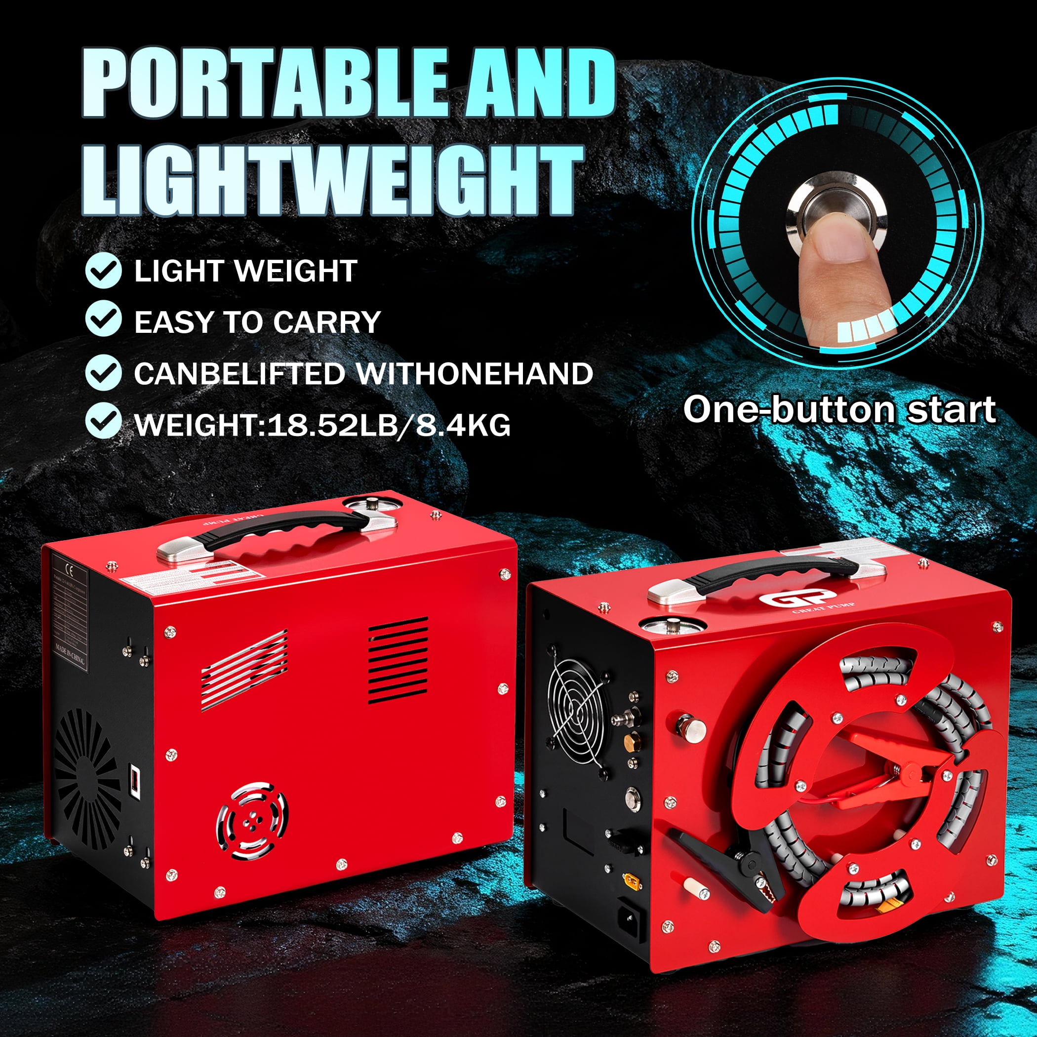 PCP Air Compressor, 4500Psi/30Mpa, Unique Wire Spool Portable Design, Auto-Stop, Oil/Water-Free, 8MM Quick-Connector, 110V AC or 12V Car Battery