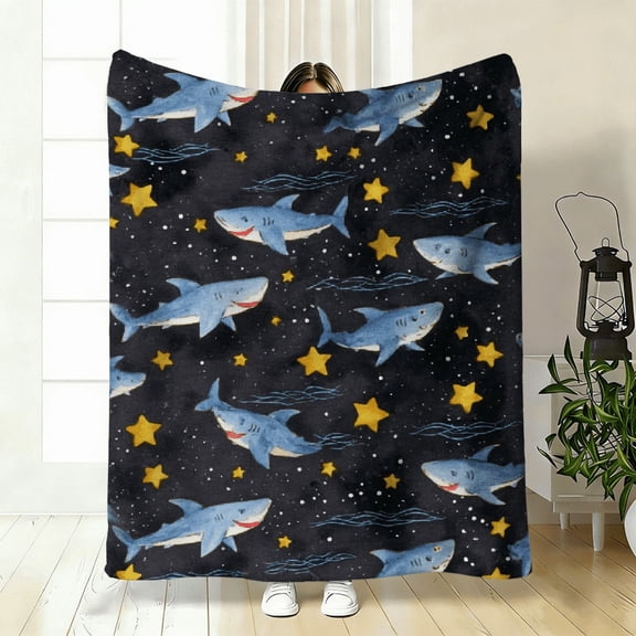 2026 New Collection Retro Shark Stars Flannel Blanket - Hypoallergenic Suitable for All, Machine Washable Tear-Resistant Bedspread.
