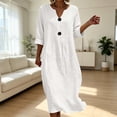 thumbnail image 4 of Levmjia Women's Solid Color Midi Dress Casual V Neck 3/4 Sleeve Button Down Shirt Dress with Big Buttons Rolled Cuffs Loose Fit A Line Flare Swing Dress for Summer, 4 of 6