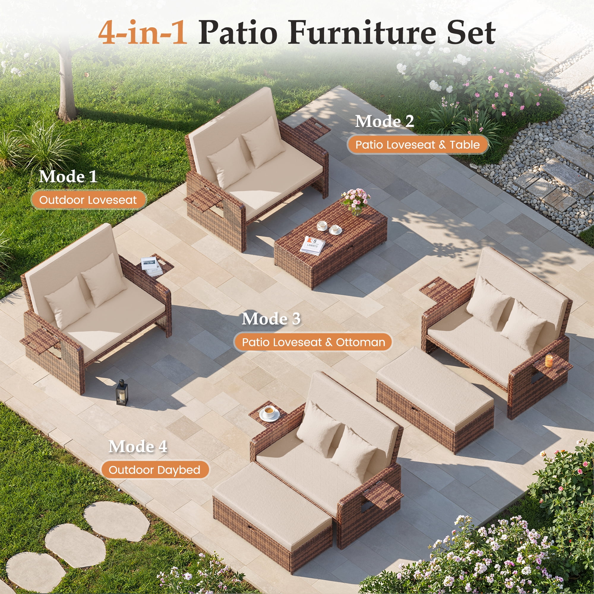 POTEBAN Wicker Outdoor Daybed-Outdoor Loveseat with Storage Ottoman, 4-Level Adjustable Backrest & Cushions for Balcony, Garden, Poolside (Beige)