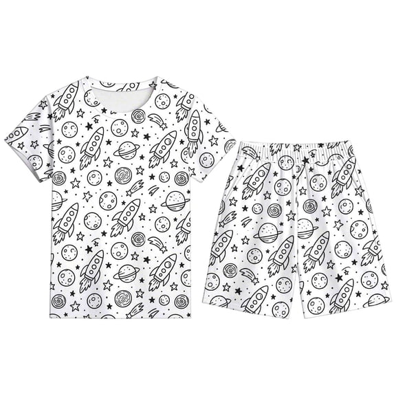 REDARER Boys 2-Piece Pajama Set, Doodle Space Print Short Sleeve Tee & Shorts, Comfy Summer Sleepwear,11-12 Years
