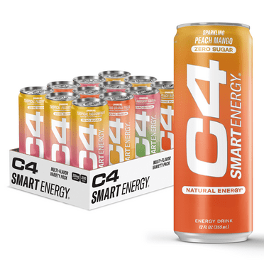 C4 Smart Energy Drink, Tropical Variety Pack Flavor, Zero Sugar, Carbonated, 12 oz can (12 Pack)