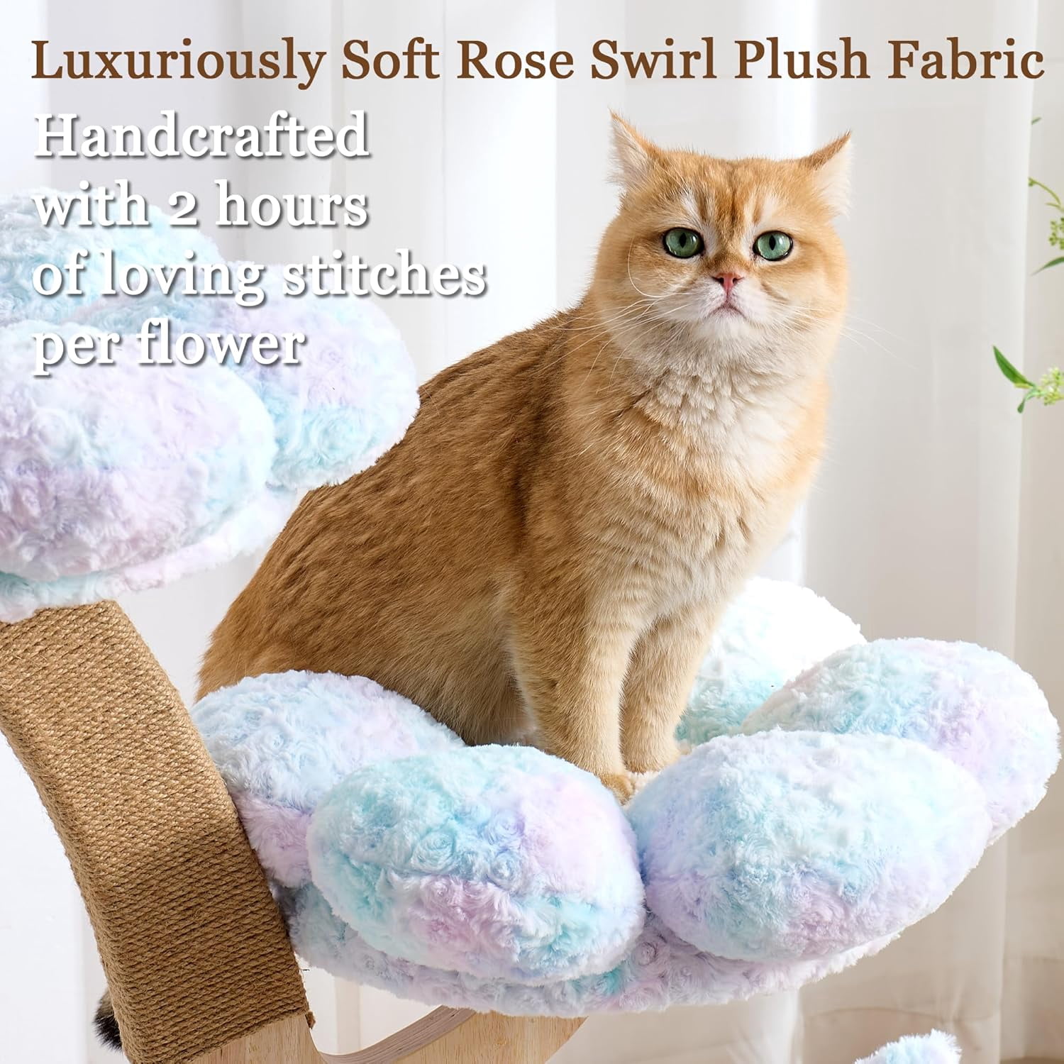Modern Cat Tree Tower for Indoor Cats Large Adult, 37 inch Flower Cat Tree with Scratching Post, Luxury Aesthetic Cat Tree with Cloud-Soft Flower Perches and Physical Mouse-Sound Hanging Toy