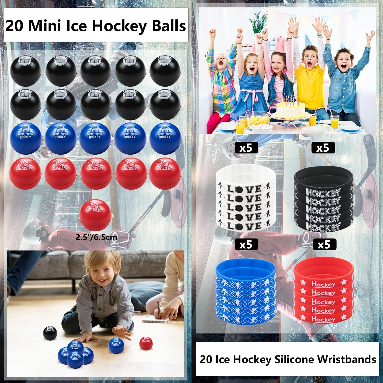 Hockey Party Favors 130Pcs Hockey Party Supplies Foam Hockey Balls, Silicone Wristbands, Hockey Theme Stickers, Hockey Theme Gift Bags, Hockey Keychains, Gifts for Kids Students