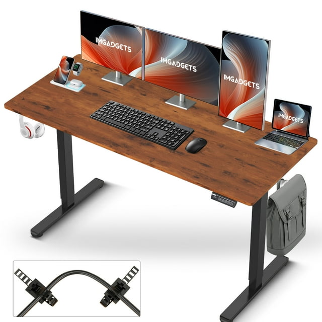 IMGadgets Bureau Assis-Debout Électrique Réglable / Grand Espace de Travail de 140 x 61 cm avec 2 Crochets / Bureau Ergonomique / Résistant aux Rayures et à l'Eau / Bureau Réglable en Hauteur pour le Travail et la Maison