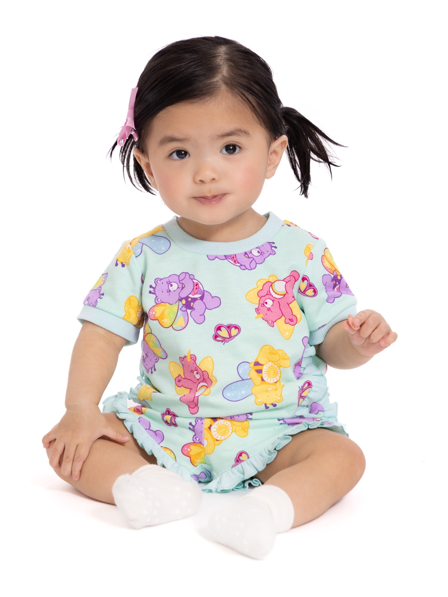 Care Bears Baby Girls Short Sleeve Allover Print Ruffle Shirt and Matching Shorts Set, 2-Piece, Sizes 0/3M-24M