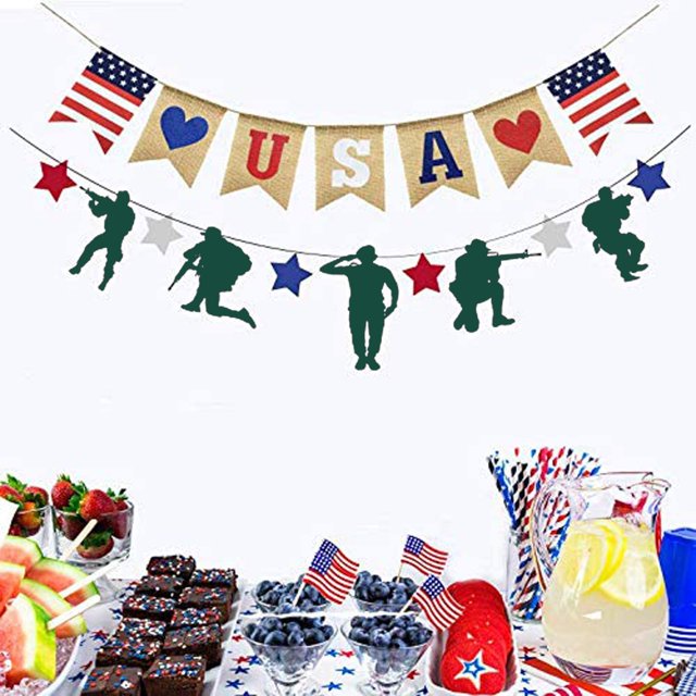 Pancartas de decoración de soldados patrióticos, decoraciones de fiesta del día conmemorativo del 4 de julio, suministros de decoración de fiesta de camuflaje militar del ejército (negro y EE. UU., 2 juegos) Zhivalor HMHZ965-2