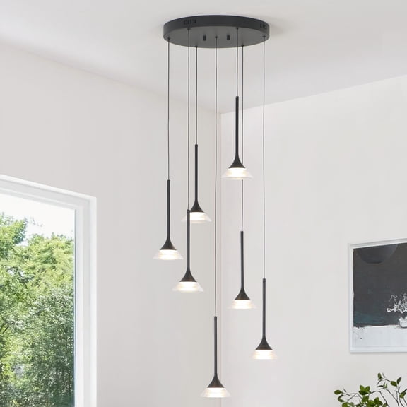 7 Lights Integrated LED Dimmable Black Chandelier for Living Dining Room Stairs,3000K Warm Light,D15.7"*H105"