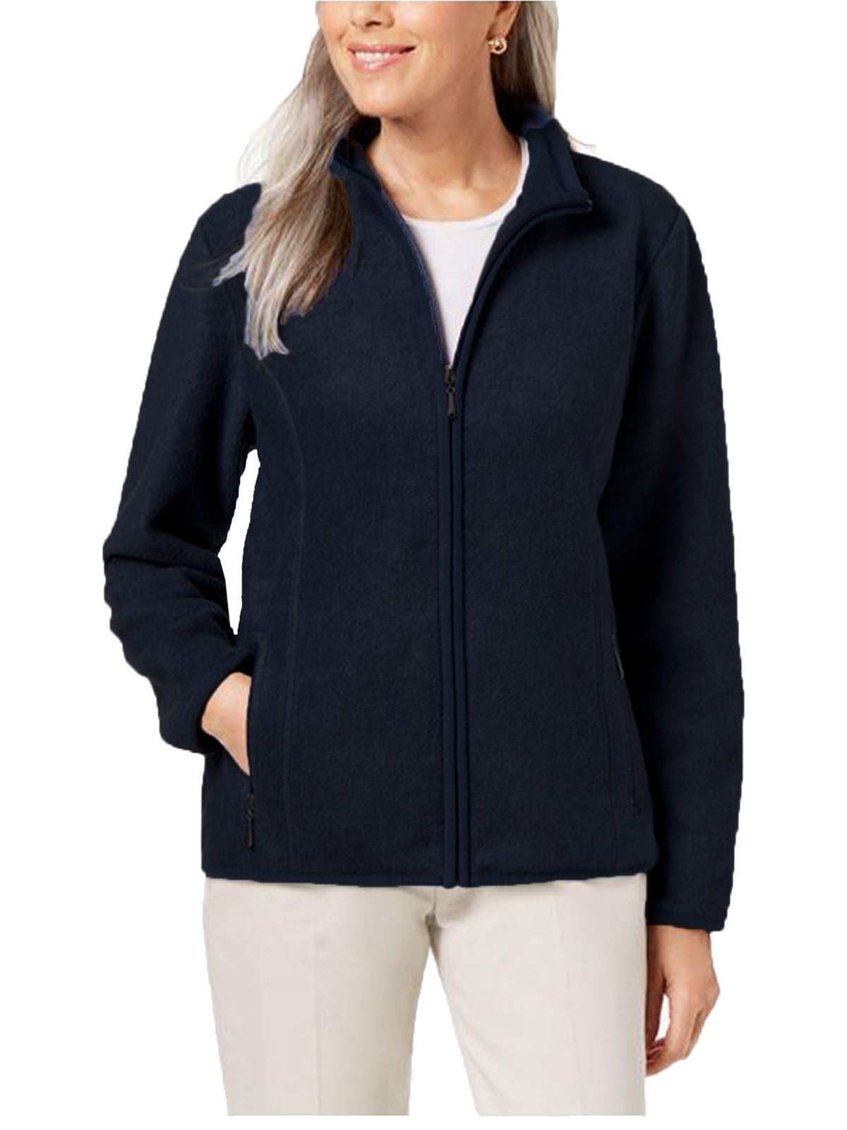 Karen Scott Women's Plus Long Sleeve Zip Front Fleece Jacket 1x Deep Black