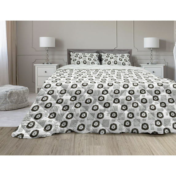 Black and White Comforter & Sham Bedding Set, Lion with Dotted Rectangle Pattern Hand Drawn Monochrome Illustration, 3 pcs Duvet Set Microfiber Filling Quilt, 5 Sizes, Black and White, by Ambesonne
