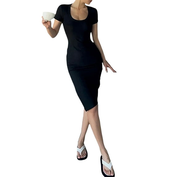 Franhais Women Bodycon Knitting Wrapped Dress Short 1/4 Sleeves Solid Color U Neck Casual Party Summer Split Dress