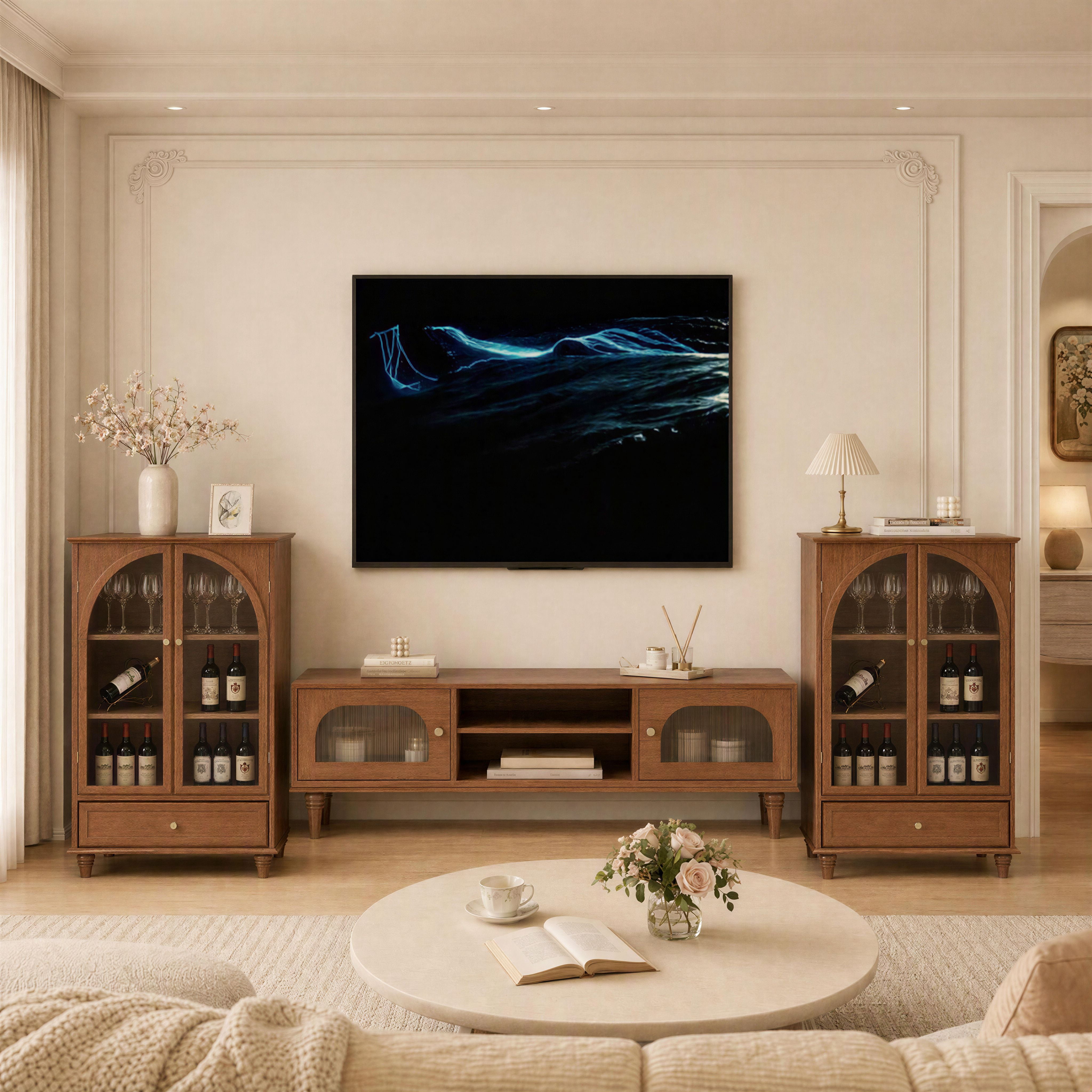 Aukfa Buffet Pantry Cabinet,Arched Glass Door Wood Sideboard Storage Cabinet for Dining Room Hallway Entryway,Walnut