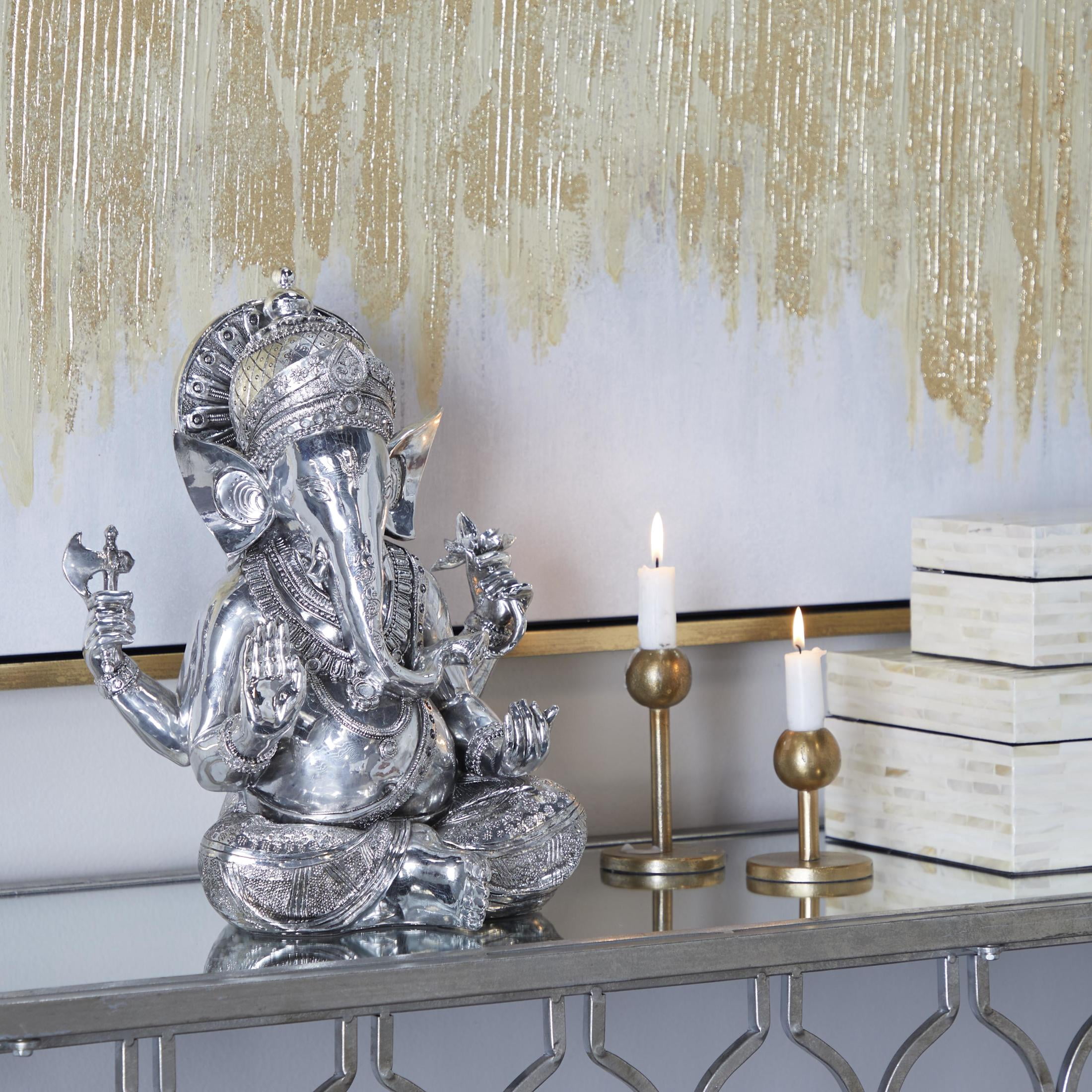 12" x 16" Silver Polystone Meditating Ganesh Sculpture with Engraved Carvings, by DecMode