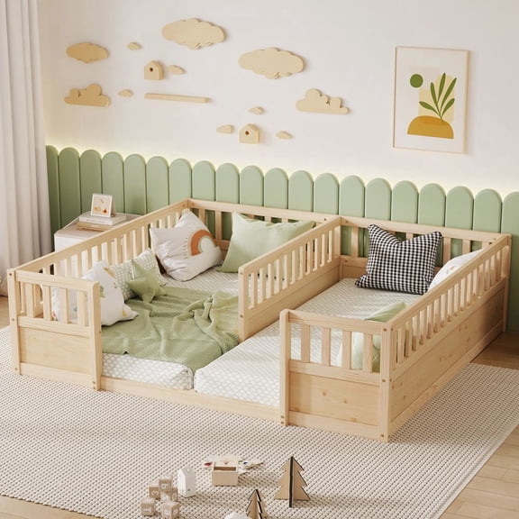 MIDOQIN Double Floor Bed for 2 Kids, Twin Size Pine Wood Montessori Bed Frame with Semi-Enclosed Safety Guardrails, Open Entrance for Kids,Teens,Boys & Girls,Natural