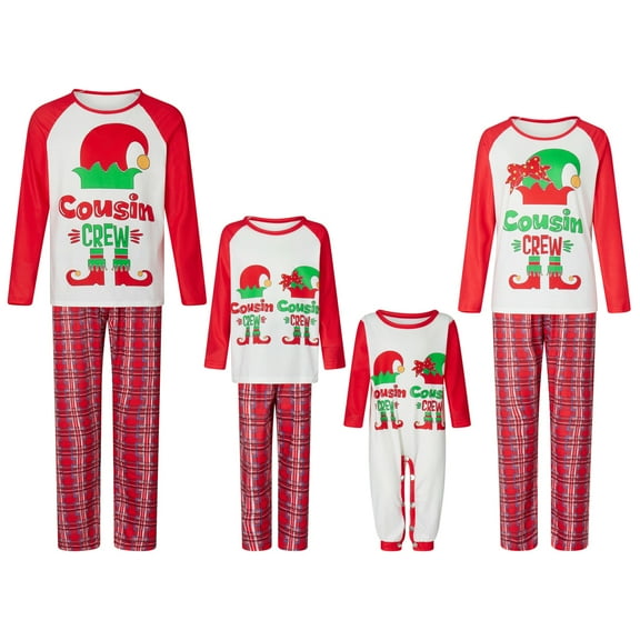 Christmas Pajamas for Family, Long Sleeve Elf Print Tops   Plaid Pants Set Sleepwear Loungewear