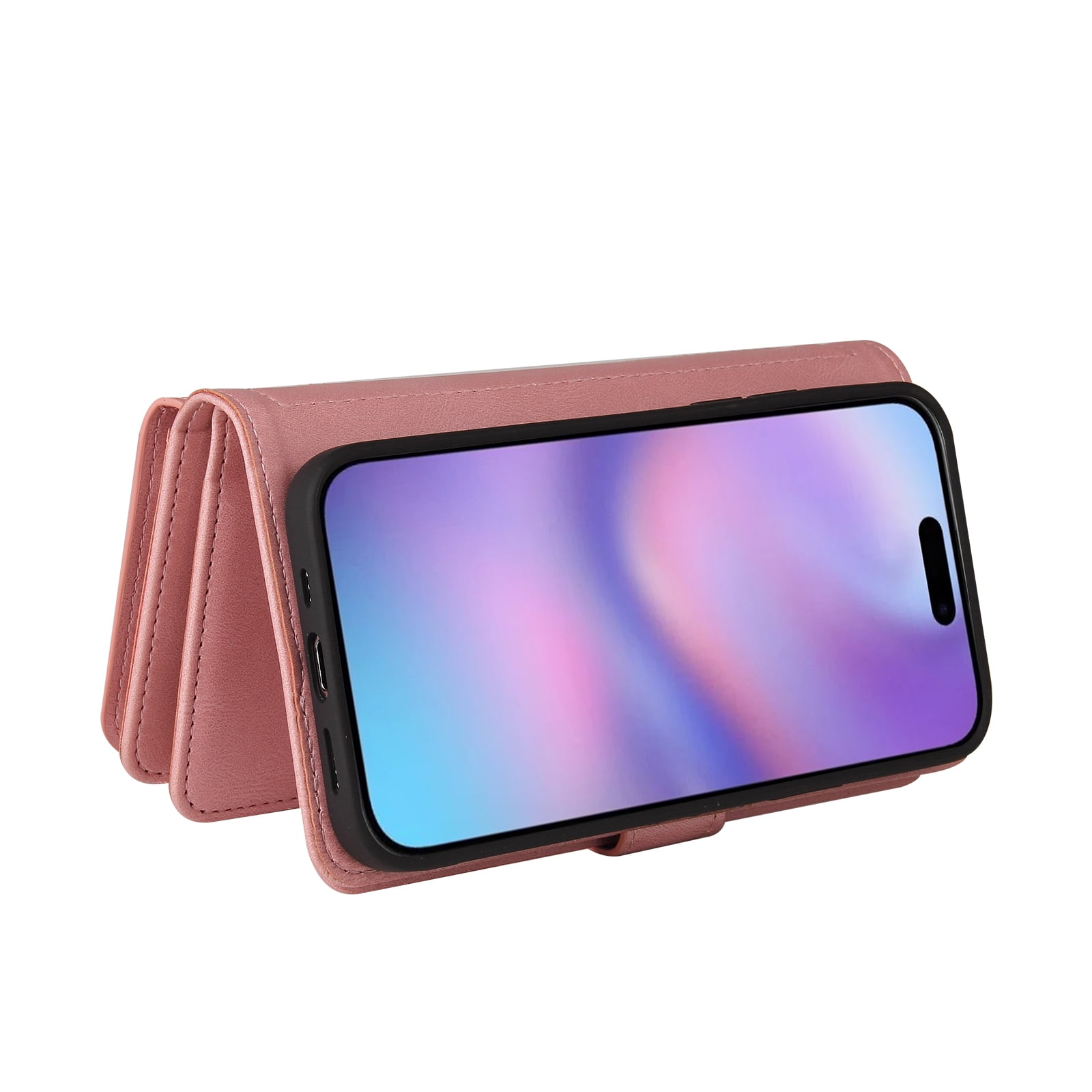 Phone Case for iPhone 17, Wallet Case Luxury Folio Flip Leather Cover [Zipper Pocket] [Wrist Strap] [Kickstand] for iPhone 17, Pink
