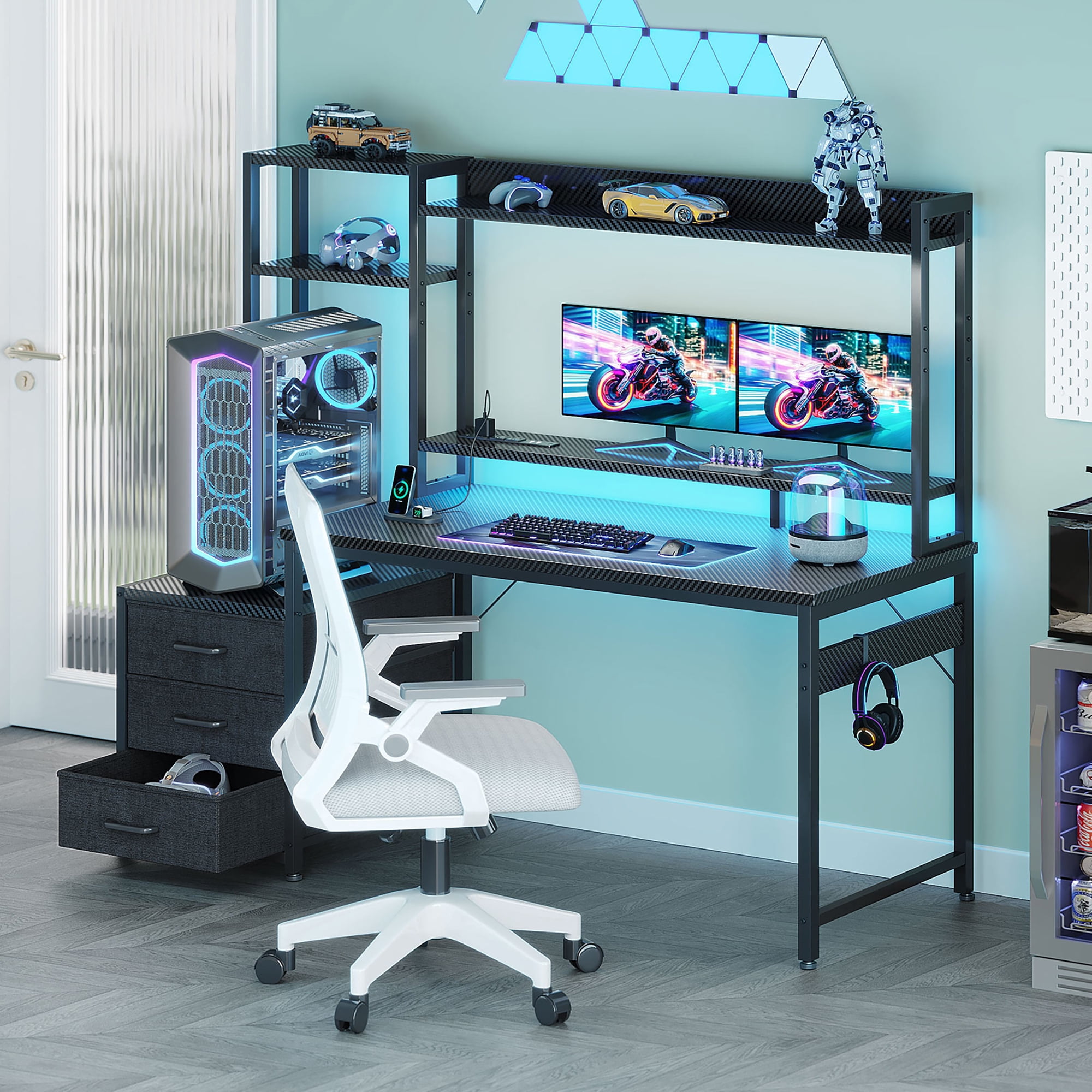 Casacomoda 48 inch Gaming Desk with LED Lights & Power Outlets, Home Office Desk with Reversible Storage Drawers & Monitor Shelves, Gaming Table for Small Space, Carbon Fiber  Black