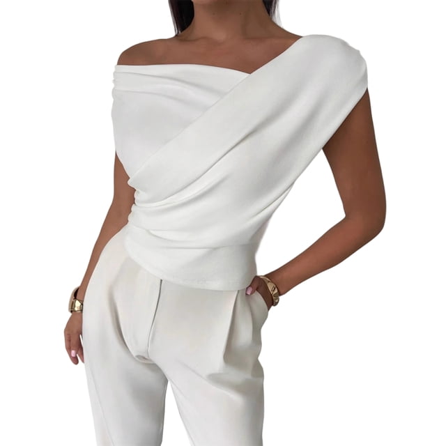 Top Corto de Verano con Hombros Descubiertos para Mujer, , Sin Mangas, con un Solo Hombro Fruncido, Estilo Y2K, para Salir M