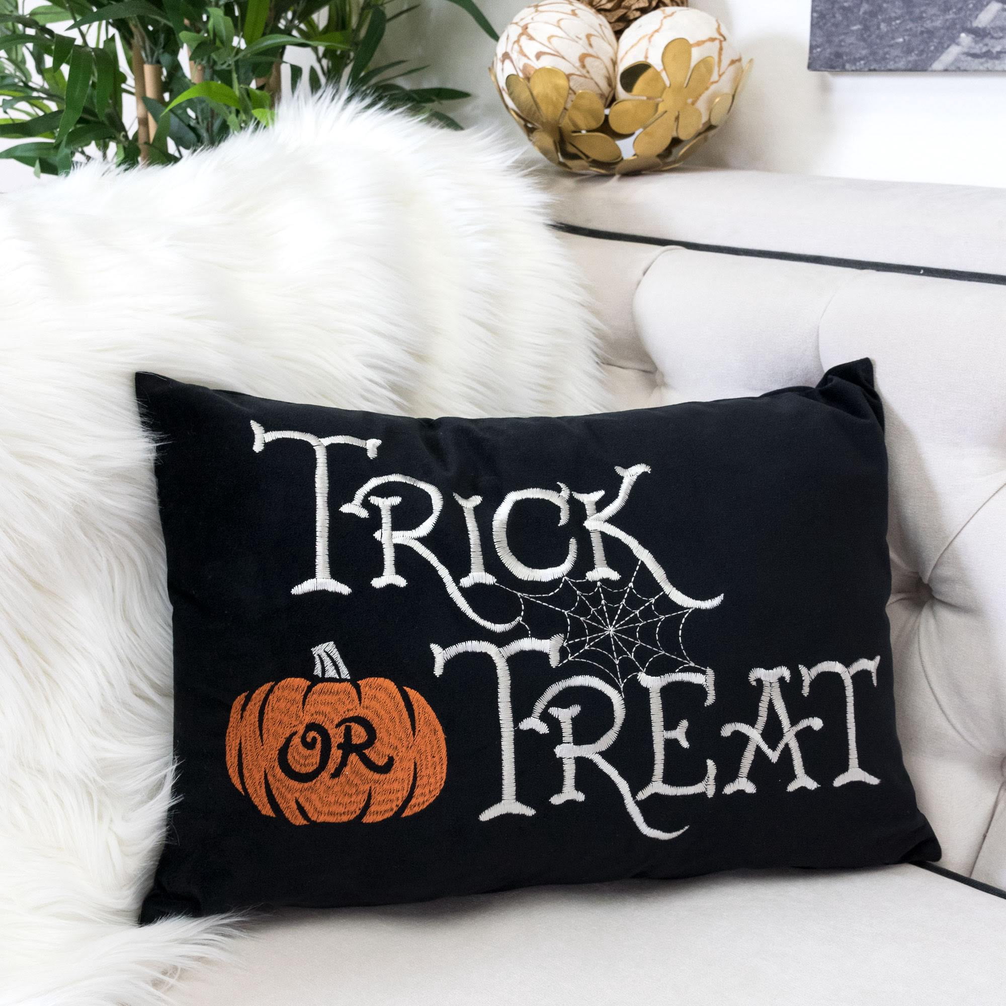 Trick or Treat Embroidered Lumbar Throw Pillow 14x20 Inch Black Velvet for Sofa Bed Halloween Decor