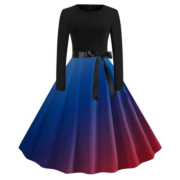 Sexlip Womens Ombre Print V Neck Puff Sleeve Swing Maxi Dress Flowy Elegant Wedding Guest Evening Dress Blue XL
