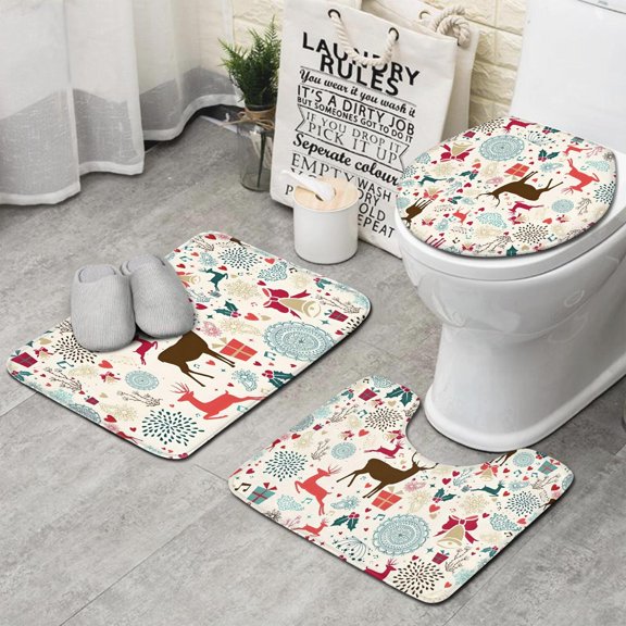 Multicolor Christmas Deer Pattern Bathroom Rugs Sets 3 Piece,Toilet Cover Set,Absorbent Non Slip Bathroom Mats Sets with U-Shaped Contour Rug Toilet Rug Set