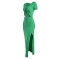 thumbnail image 3 of hirigin Women's Summer Knit Long Dress Solid Color Short Sleeve V-Neck Ruched Drawstring Hollow Out Split Hem Slim Fit Dress, 3 of 9