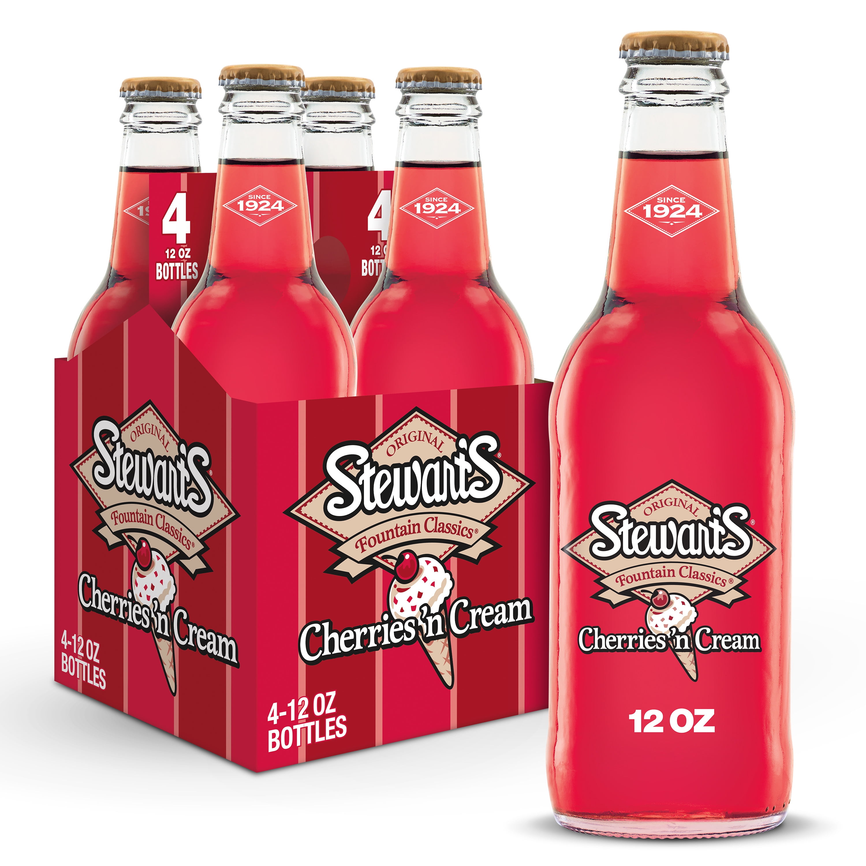 (3 pack) Stewart's Cherries 'n Cream Made with Sugar, 12 fl oz glass bottles, 4 pack